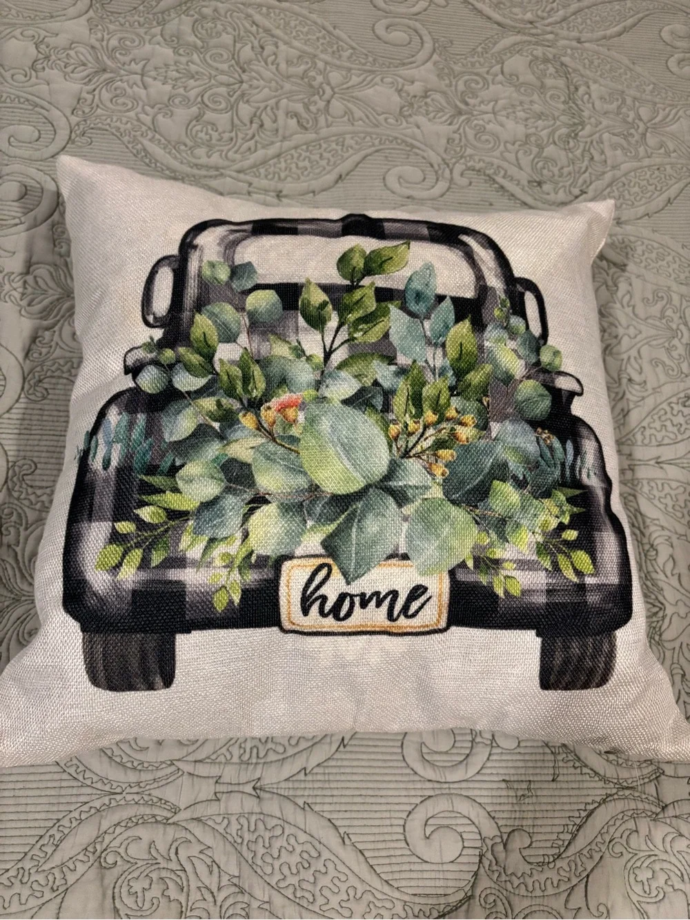 Decorative Throw Pillow with Greenery Truck Print